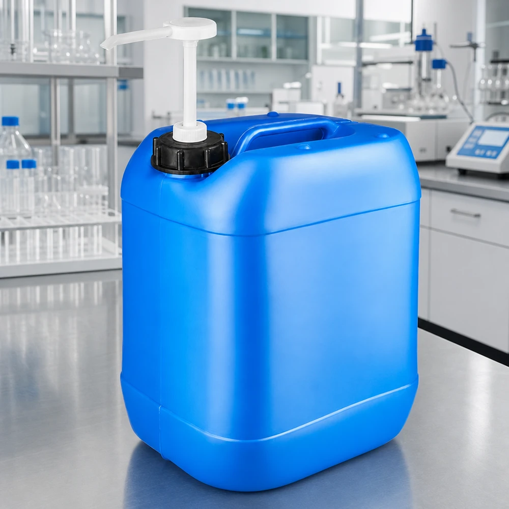 Kanister 20 Liter blau mit Dosierpumpe Blauer 20L Kanister mit Tragegriff und aufgesetzter Dosierpumpe Seitenansicht