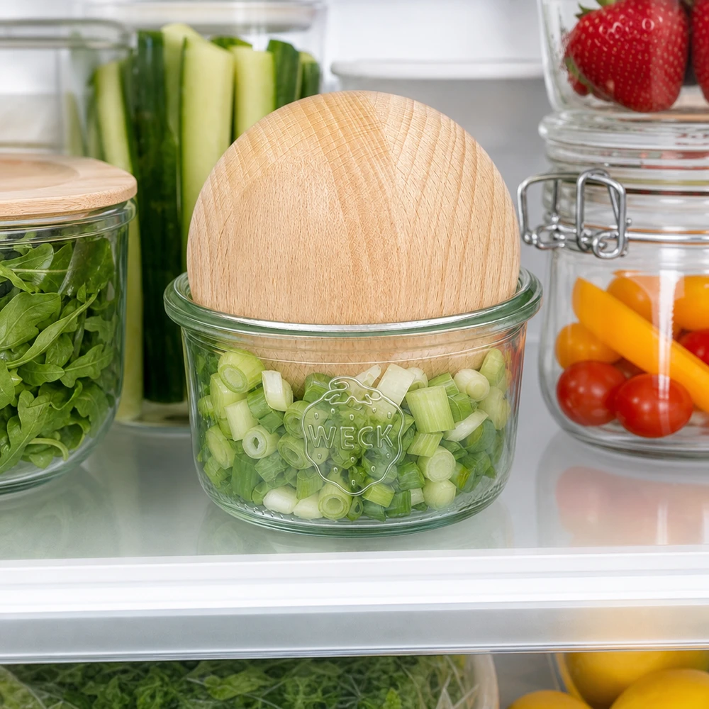 165ml Sturzglas WECK RR80 mit Holzkugel Buche WECK Sturzglas RR80 165ml mit Buchenkugel im Kühlschrank zur frischen Aufbewahrung von Schnittlauch und Gemüse