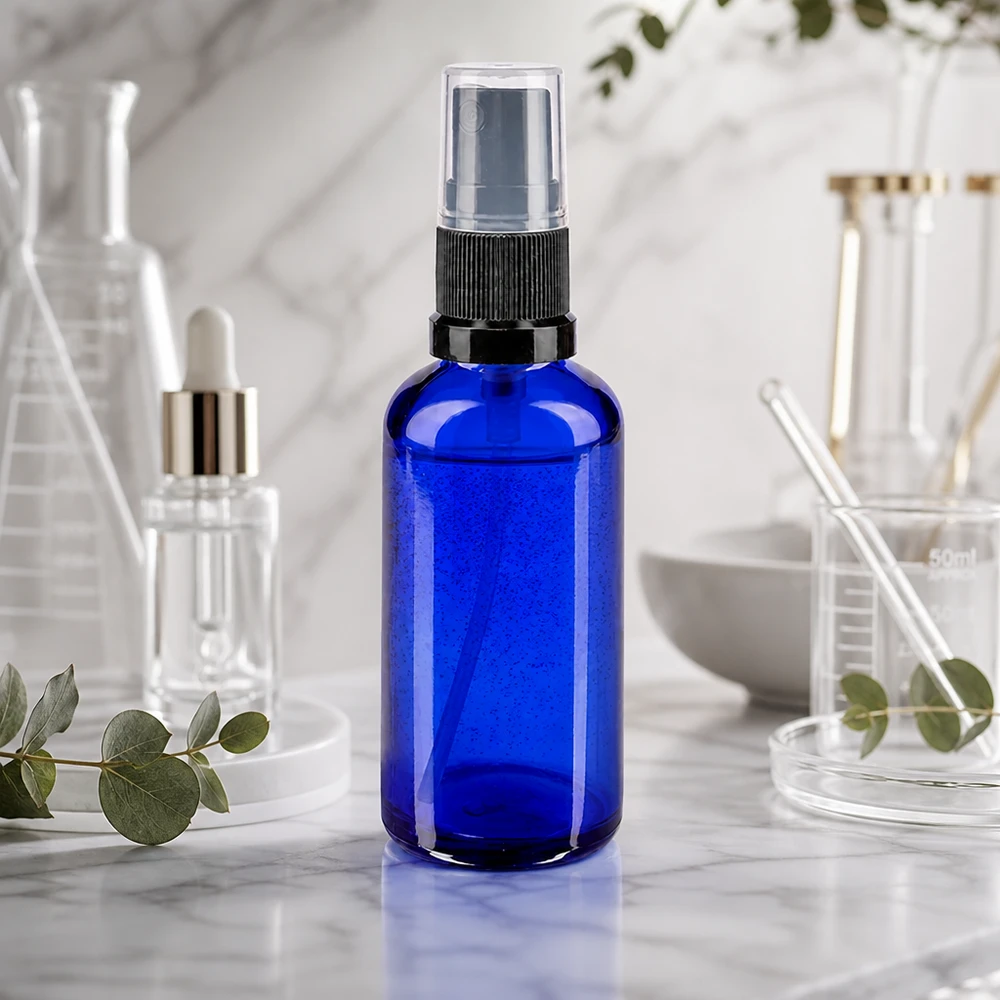 Apothekenflasche blau 50ml Sprayaufsatz schwarz Nachfüllbare 50ml Glassprühflasche Blau mit schwarzem Schraubzerstäuber Standard-Apothekenglas