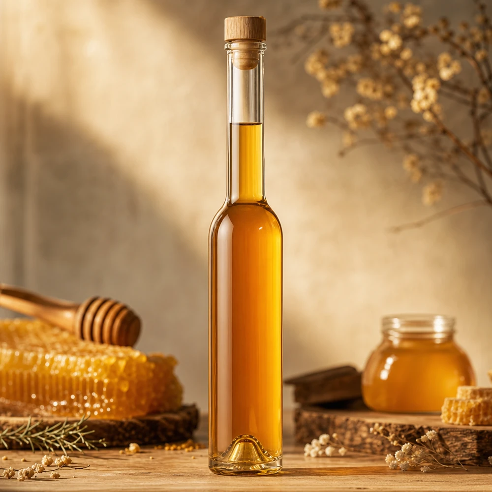 200ml Glasflasche Hugo mit Honig befüllt neben Waben und Honigglas - perfekt für Honiglikör und Geschenke
