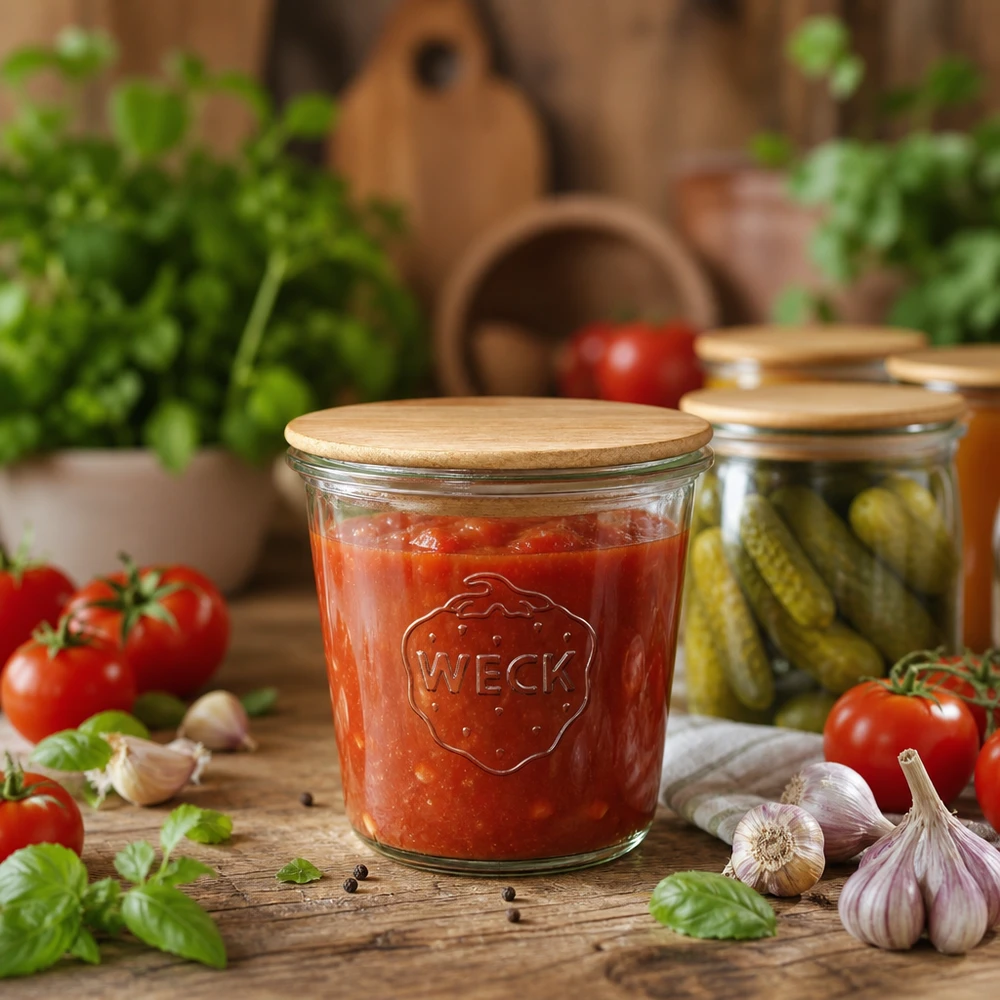WECK Einmachglas 580ml mit Holzdeckel gefüllt mit Tomatensoße, umgeben von frischen Zutaten und Gewürzgurken