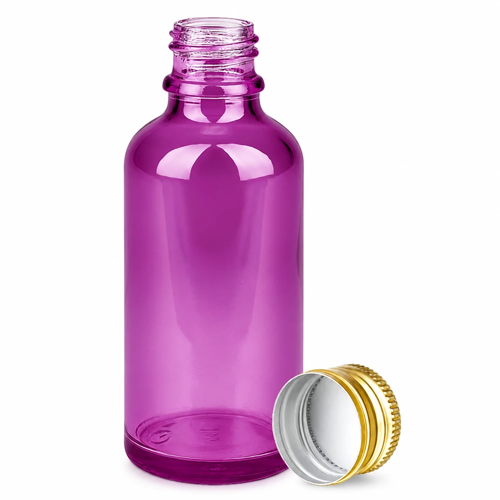 Handliche Violettglasflasche 50ml mit dichtschließendem Aluverschluss in Goldoptik