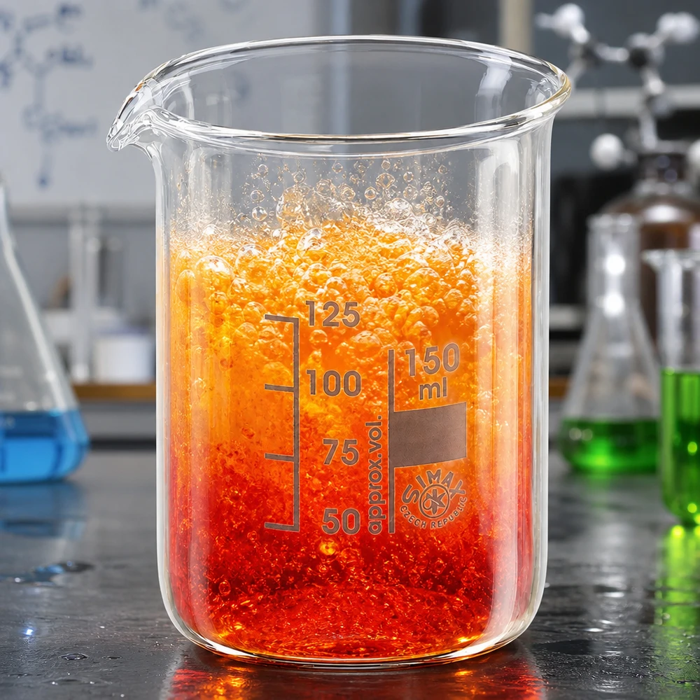 Forschungslabor Becherglas 150ml niedrige Form zeigt lebendige orange Chemikalie mit Schaumbildung