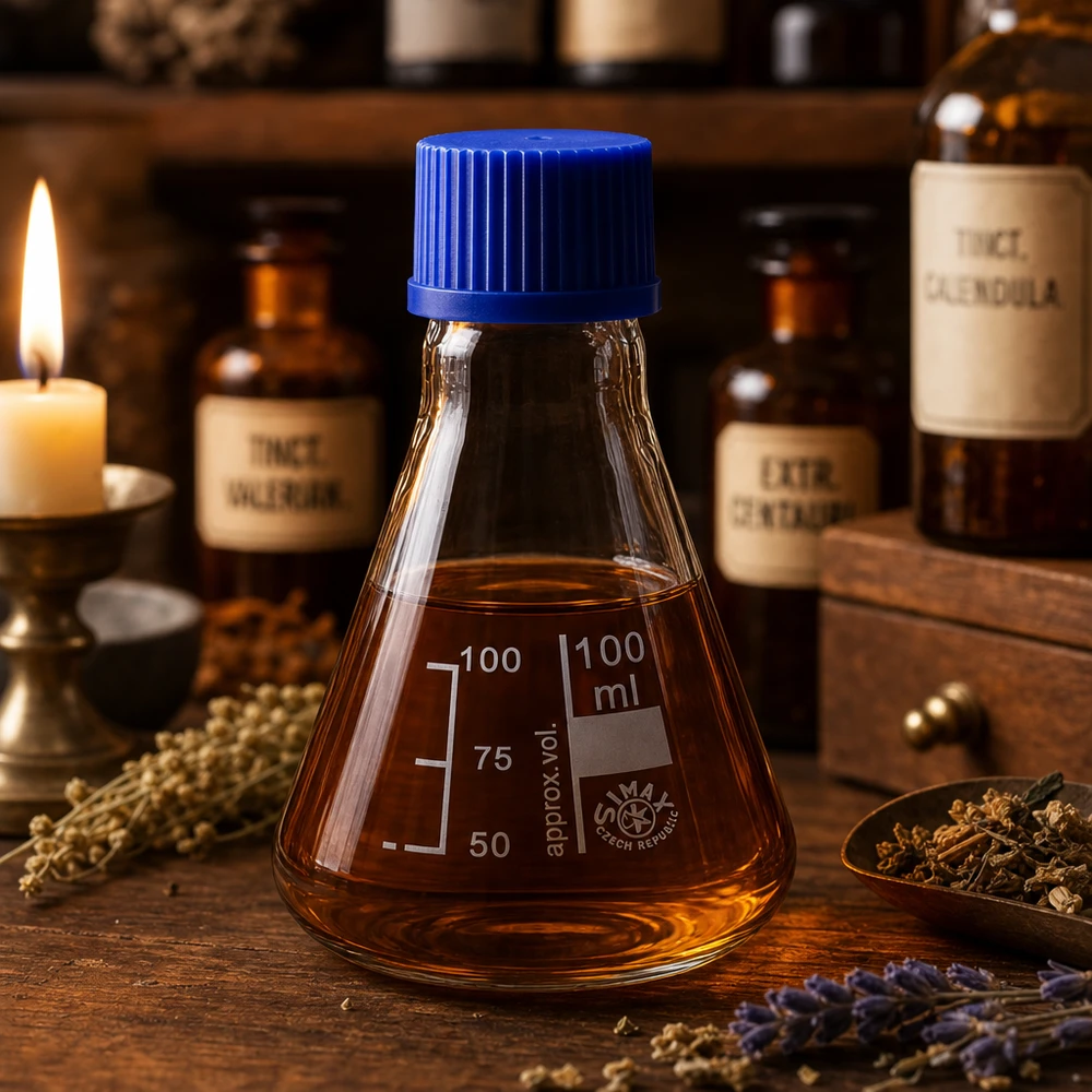 Erlenmeyerkolben 100ml mit Schraubkappe Chemiebeständiger Erlenmeyerkolben 100ml mit UV-Schutz durch getöntes Glas und blauen Deckel