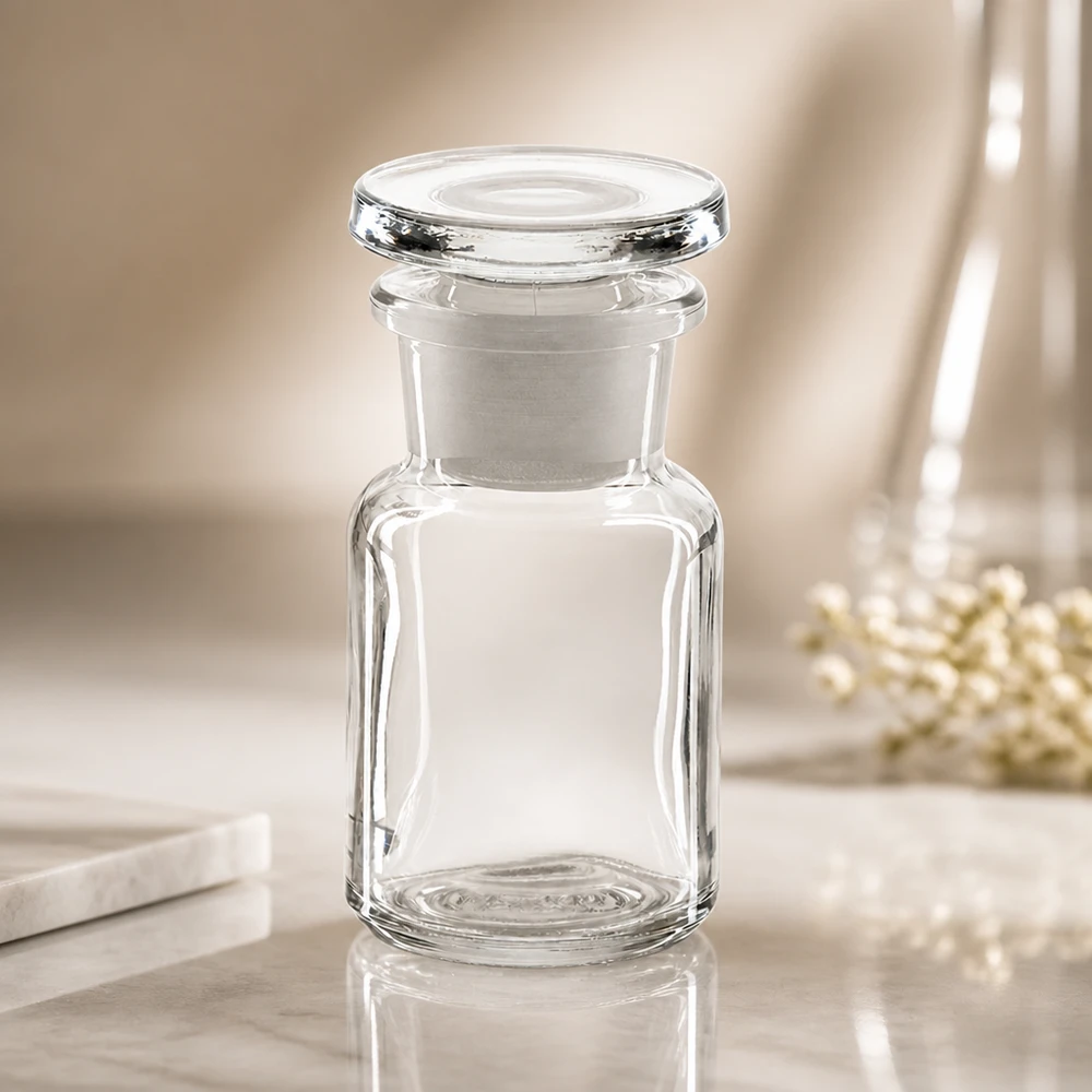Rundschulterfl. 50ml klar Weithals Glasstopfen Glasflasche mit Rundschulter 50ml klar breite Öffnung und flacher Glasstopfen luftdicht