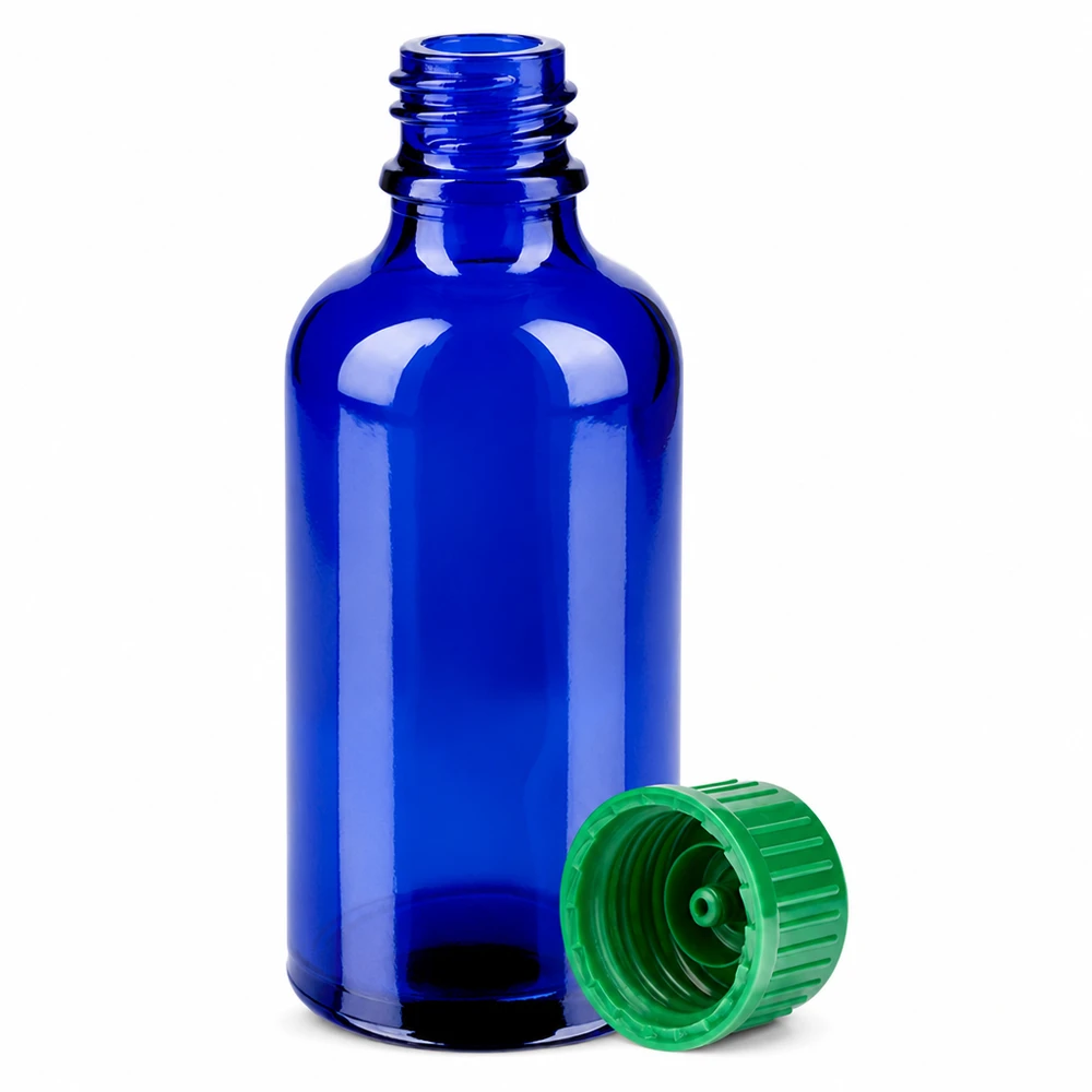 Kompakte 50ml blaue Vorratsflasche mit kindersicherem grünen Verschluss für Extrakte