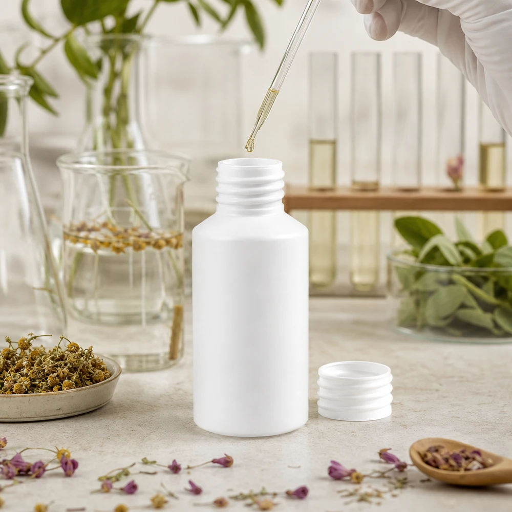 Apothekenflasche HDPE 50ml weiß, ohne Verschluss Kompakte weiße HDPE Flasche 50ml mit getrenntem Schraubverschluss auf hellem Untergrund im Kräuterlabor