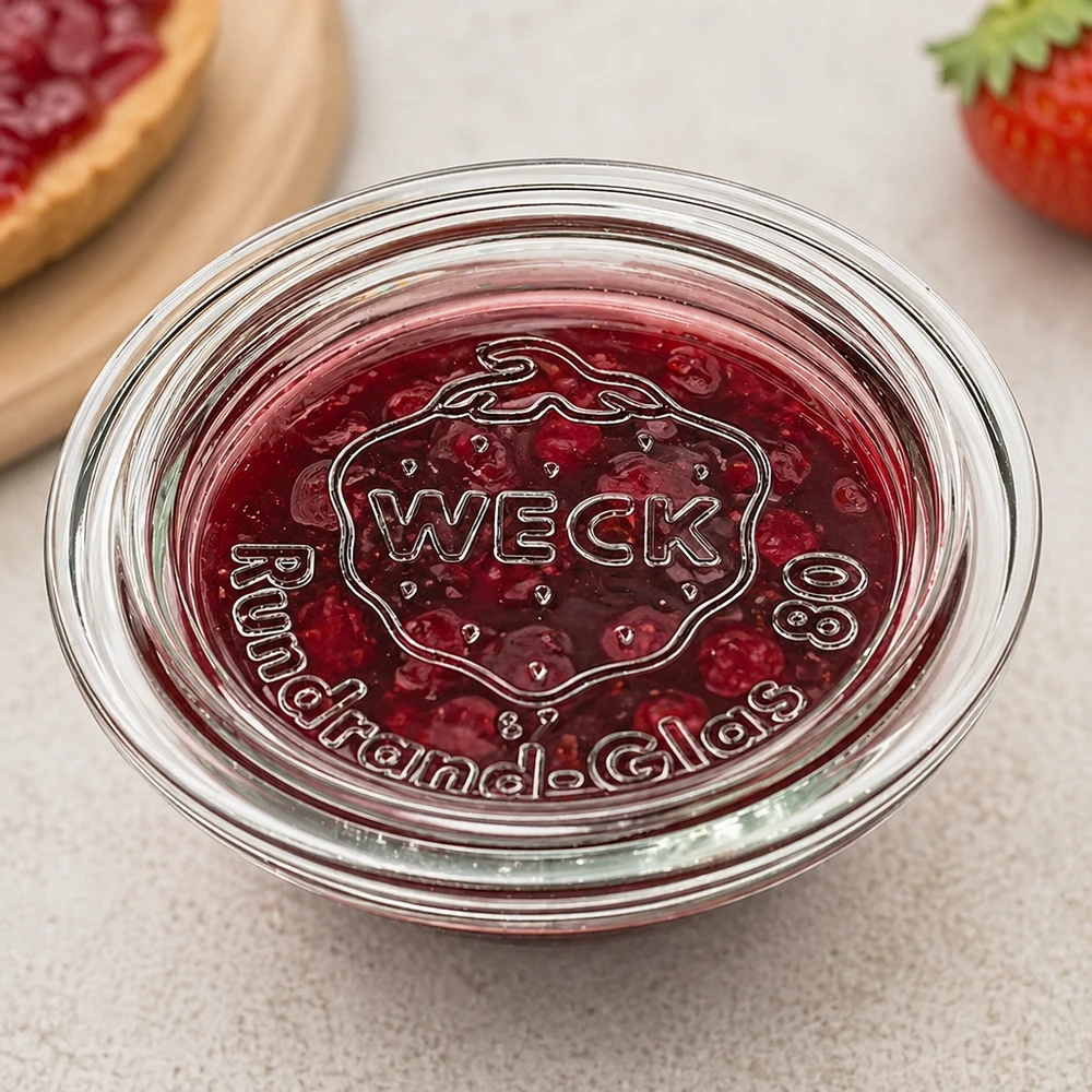 WECK Glasdeckel RR80 WECK Glasdeckel RR80 mit Marmelade befüllt zeigt praktische Verwendung als Schale für Konfitüre und Aufstriche