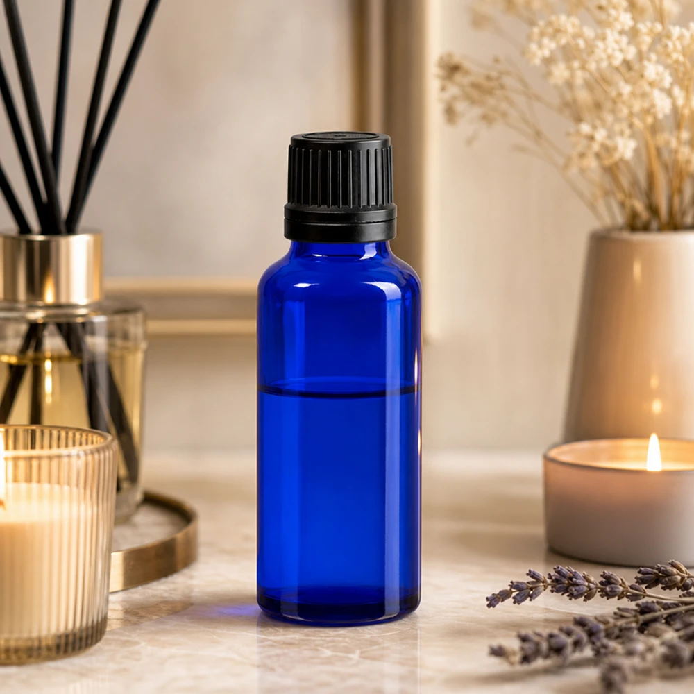 Apothekenflasche blau 30ml Tropfverschluss Giessring 1mm schwarz Originalitätsverschluss Hochwertige blaue Glasflasche mit schmalem Hals und sicherem OV-Verschluss 30ml Volumen