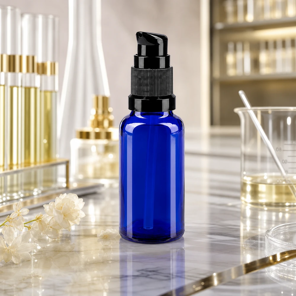 Apothekenflasche blau 20ml PumpVerschluss schwarz Standard Lichtschutz Pumpflasche 20ml blau Apothekerglas schwarze Pumpe für empfindliche Wirkstoffe