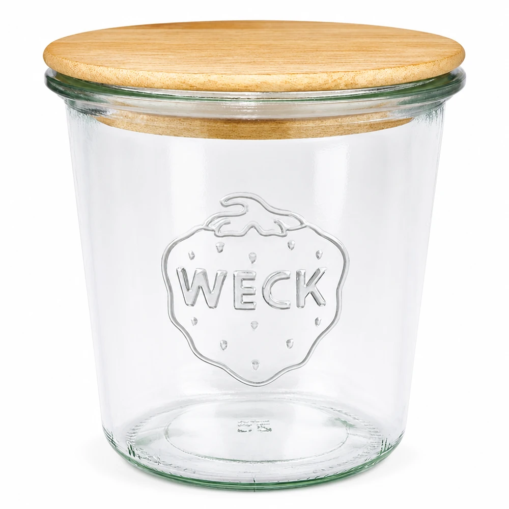 580ml Sturzglas WECK RR100 mit Holzdeckel 580ml WECK Sturzglas RR100 mit natürlichem Holzdeckel, transparentes Einmachglas mit geprägtem Logo