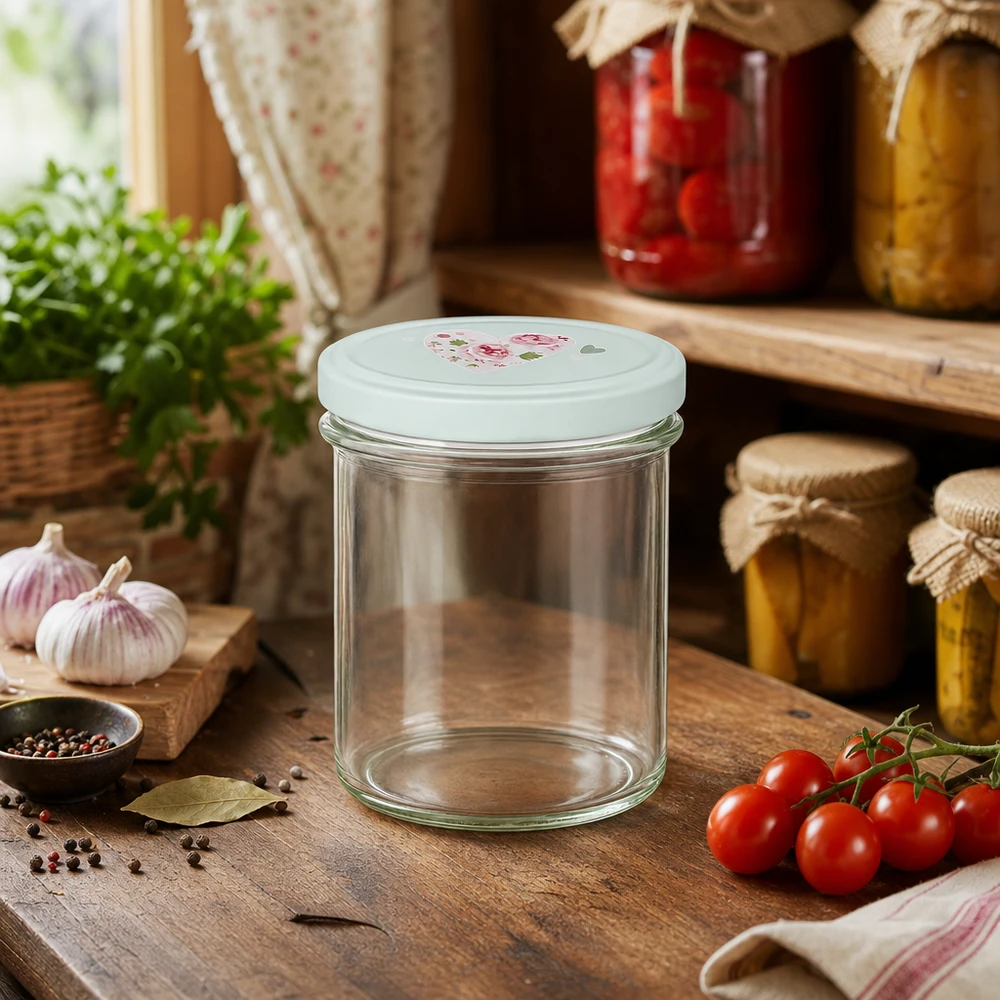 350ml Sturzglas + BasicSeal Deckel Herz mint UNiTWIST Leeres 350ml Sturzglas mit BasicSeal Deckel Herz mint auf Holztisch umgeben von frischen Tomaten Knoblauch und Gewürzen