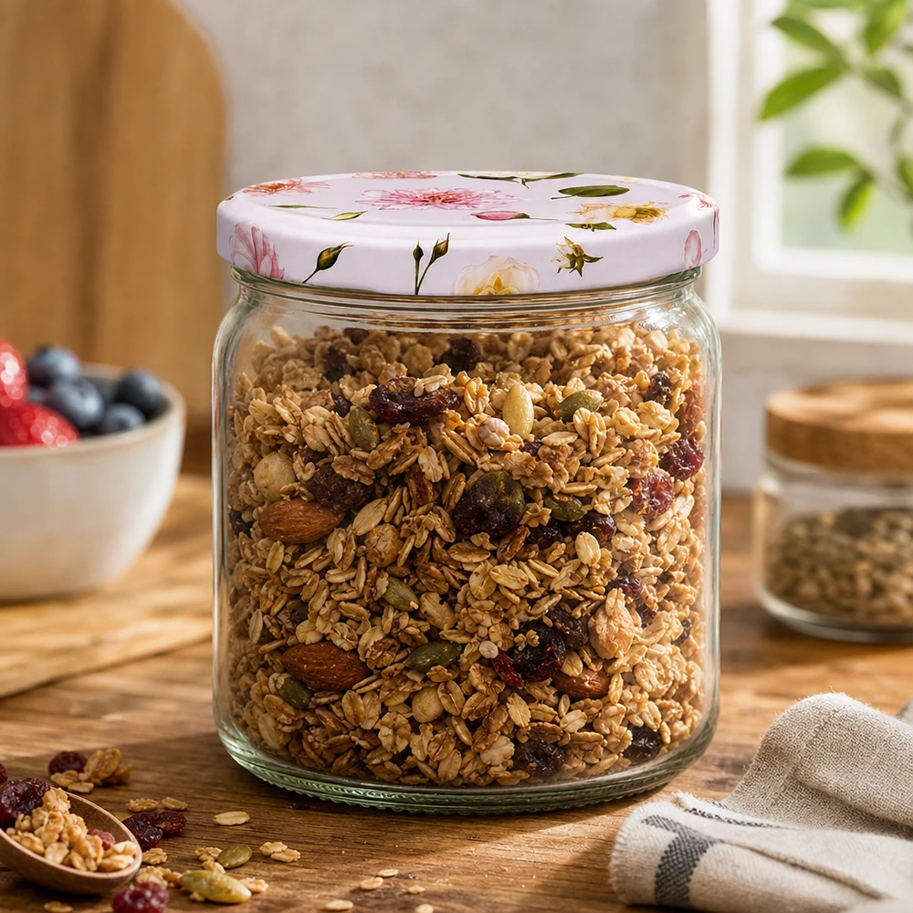 408ml Rundglas + BasicSeal Deckel Blume rosa UNiTWIST 408ml Rundglas rosa Blumendeckel BasicSeal gefüllt mit Müsli Granola Nüsse Trockenfrüchte Vorratsglas Küche