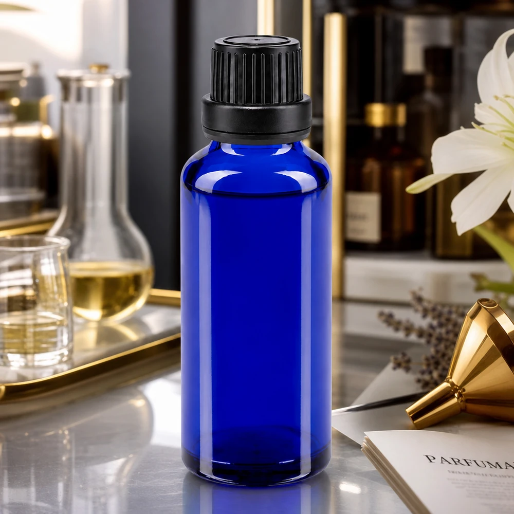 Apothekenflasche blau 30ml Tropfverschluss Giessring 2mm schwarz Originalitätsverschluss Zylindrische kobaltblaue 30ml Tropfflasche aus Apothekerglas mit schwarzem Dosierverschluss