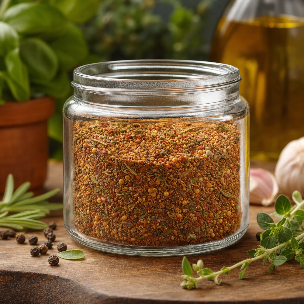 Glastiegel 250ml klar mit Gewürzmischung gefüllt umgeben von frischen Kräutern Knoblauch und Olivenöl Küchendeko