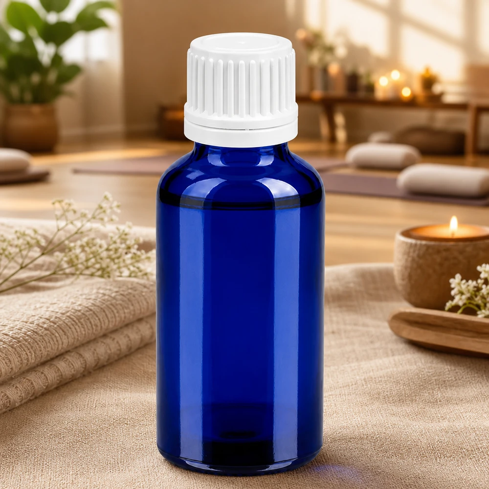 Premium 30ml Glasflasche in Kobaltblau mit weißem Verschluss für lichtempfindliche Substanzen