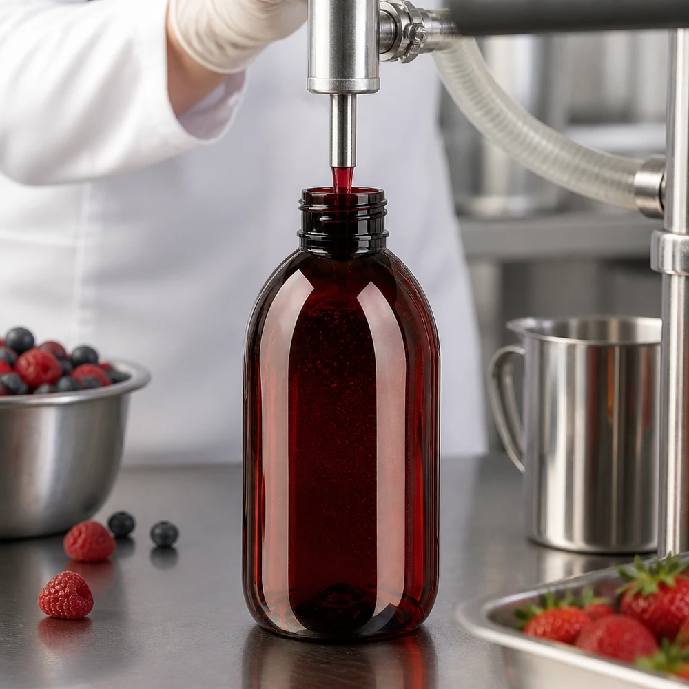 250ml PET Flasche mit weißem OV in Lebensmittelproduktion mit frischen Beeren