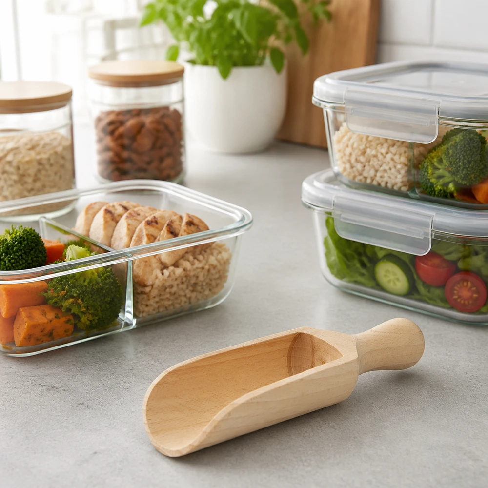 Holzschaufel Grösse M halbrunde Form - 140mm lang Holzschaufel M 14cm halbrund auf Küchenarbeitsplatte mit Meal-Prep-Containern und Aufbewahrungsgläsern im Hintergrund