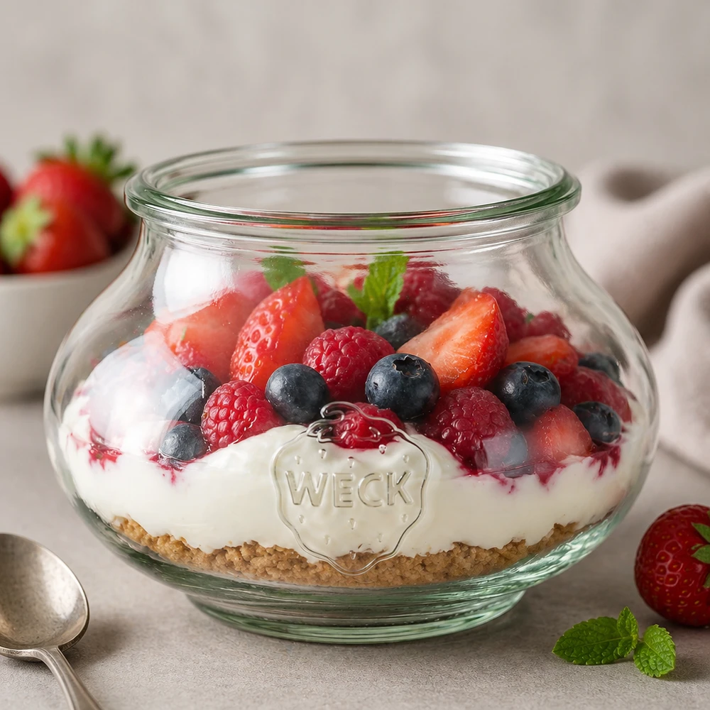 560ml Schmuckglas WECK RR80 WECK Schmuckglas 560ml RR80 als elegantes Dessertglas mit Beerenmischung und Creme für stilvolle Tischdekoration
