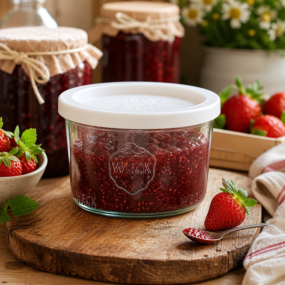 200ml Sturzglas mit Frischedeckel WECK RR80 WECK RR80 Einmachglas 200ml gefüllt mit Erdbeermarmelade auf rustikalem Holzbrett neben frischen Erdbeeren