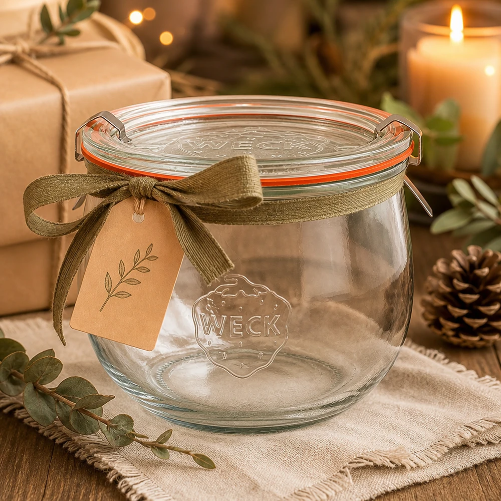 WECK Tulpenglas 580ml RR100 leer als Geschenkidee mit Schleifenband und Anhänger in gemütlicher Weihnachtsdeko
