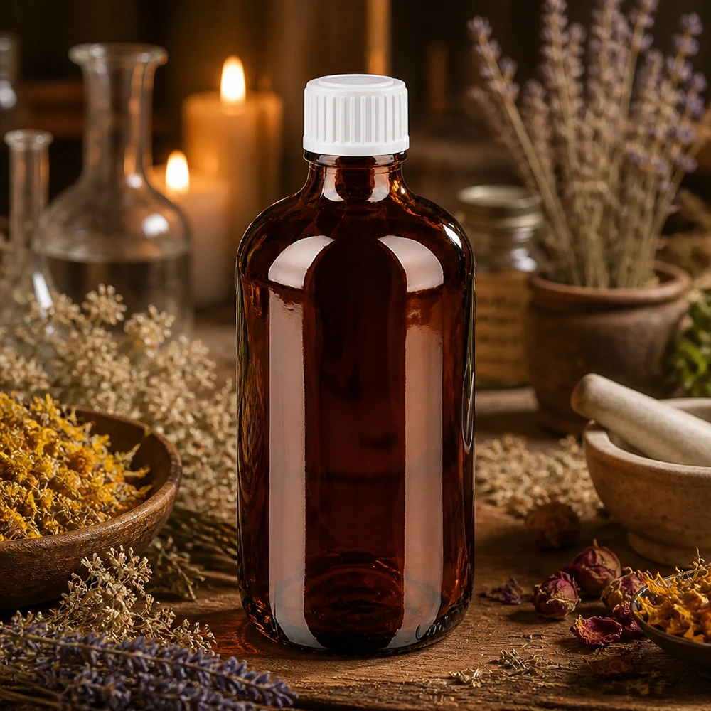 Braune Medizinflasche aus Glas 100ml mit weißem Kunststoffdeckel vor Kerzen und Lavendel