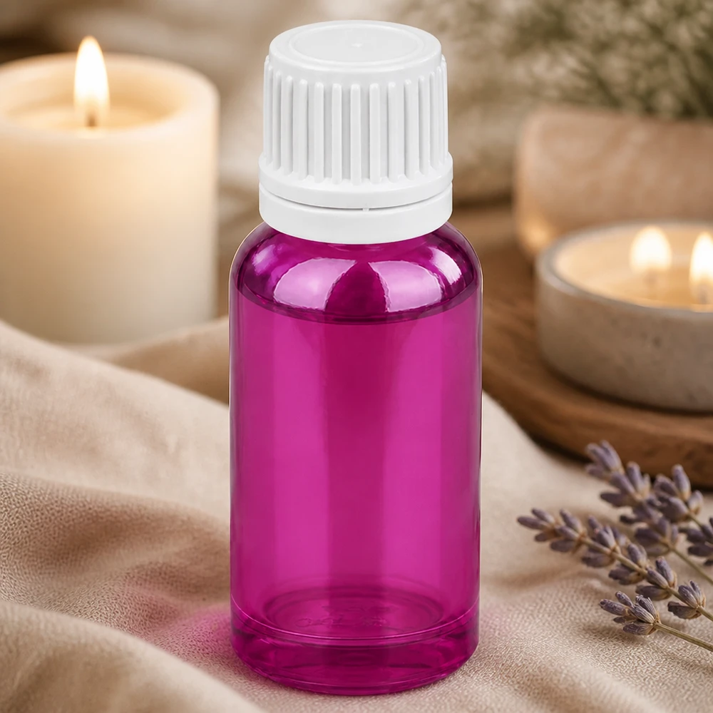 Handliche 20ml Tropfflasche in elegantem Lila-Design mit praktischem weissem Dosierverschluss