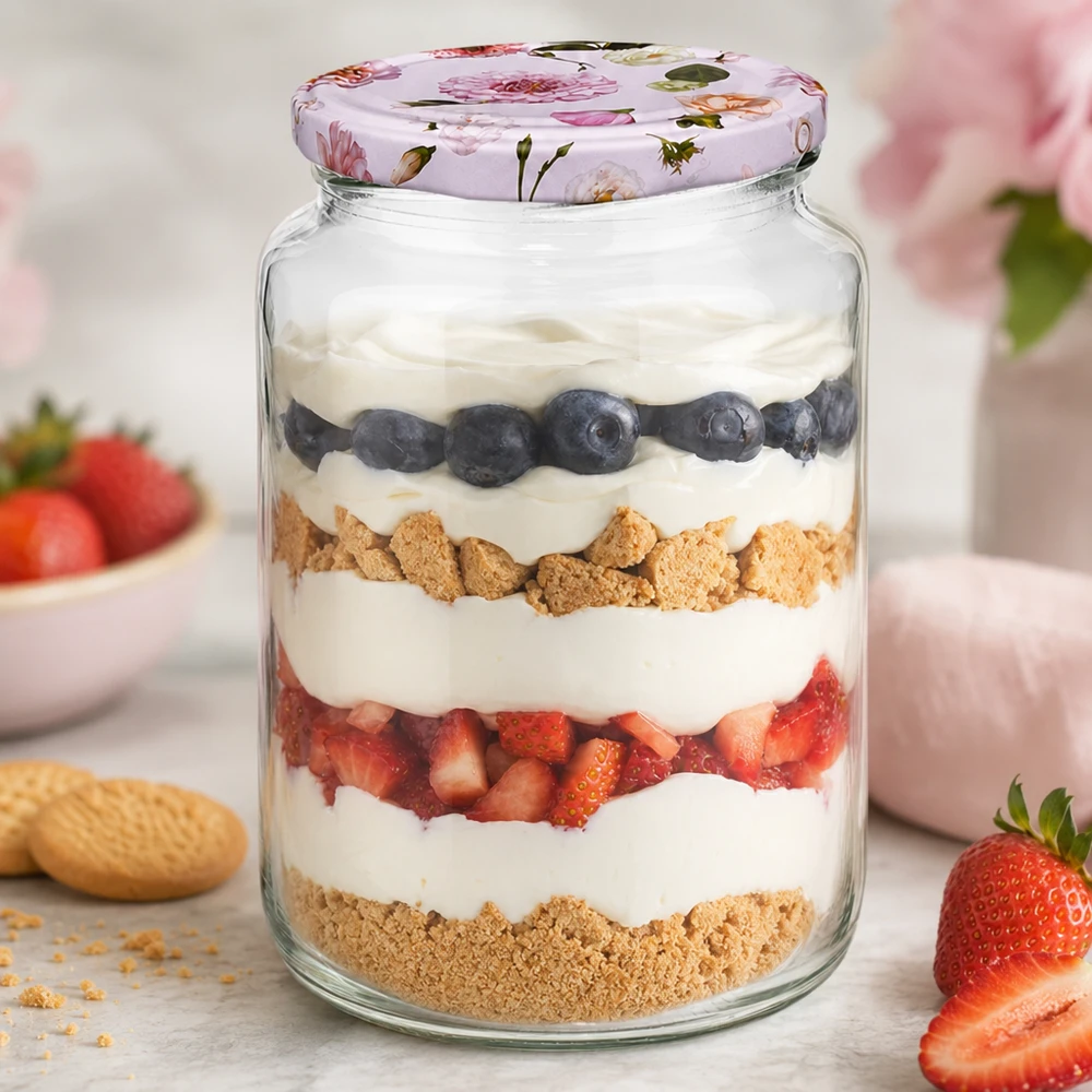 795ml Rundglas mit Schichtdessert Joghurt Beeren Kekse BasicSeal Deckel rosa Blumen Dessertglas Küche