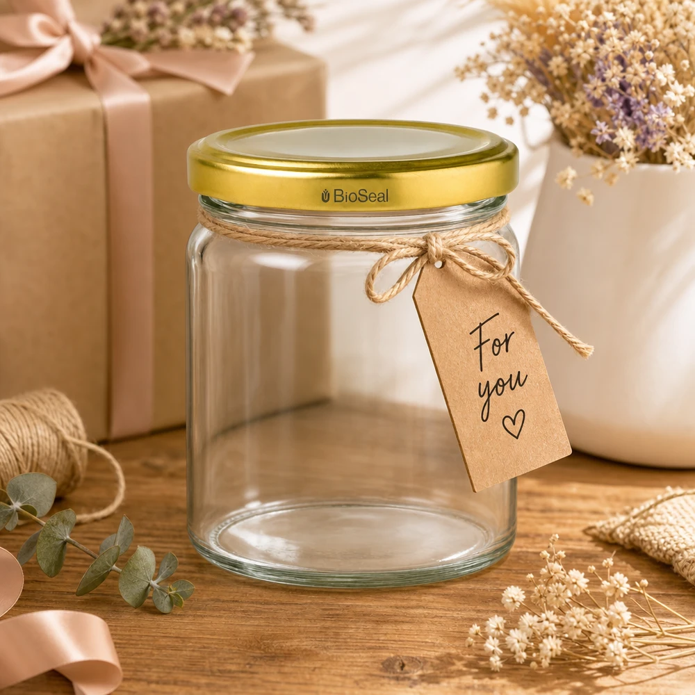UNiTWIST Runda408 Vorratsglas mit goldenem TO82 BioSeal Deckel als Geschenk mit Schleife und Geschenkanhänger
