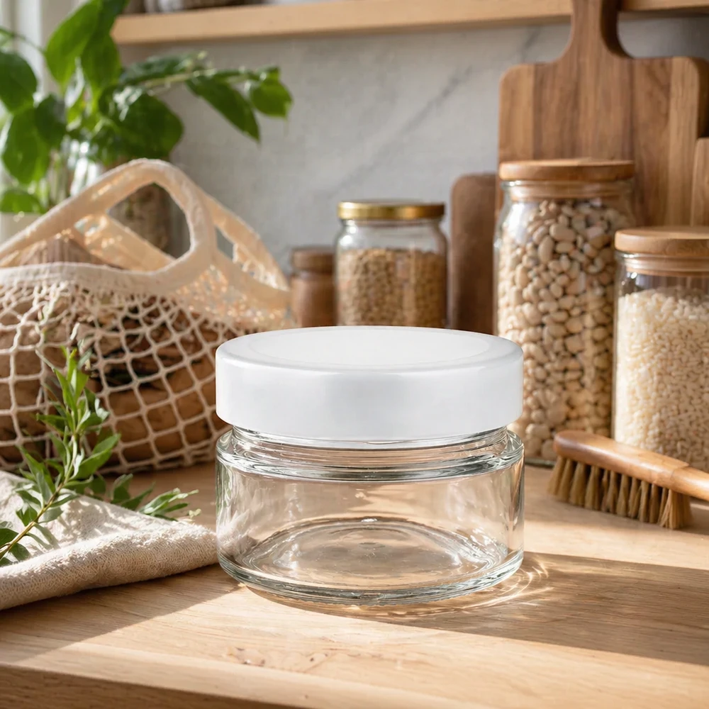 80ml Rundglas mit BasicSeal Deckel auf Holzbrett in nachhaltiger Zero-Waste-Küche mit Vorratsglasern