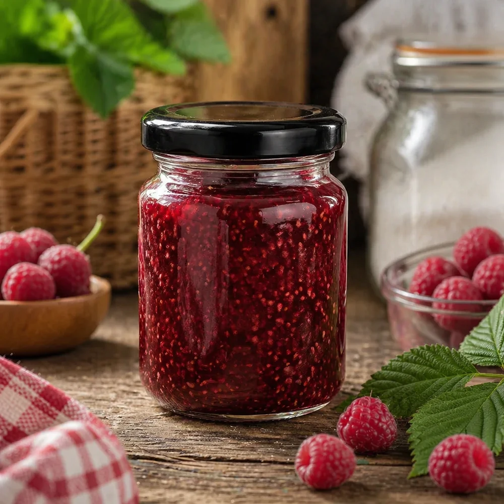 53ml Rundglas schwarzer Deckel mit Himbeermarmelade gefüllt rustikale Küche frische Beeren Marmeladenglas