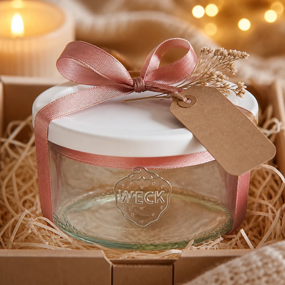 WECK 165ml Sturzglas RR80 als Geschenk dekoriert mit rosa Schleife und Kraftpapier-Anhänger in rustikaler Verpackung