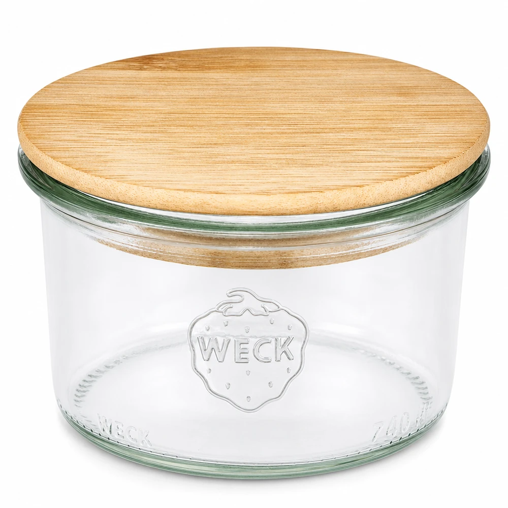 200ml Sturzglas WECK RR80 mit Holzdeckel WECK Sturzglas 200ml RR80 mit Bambus Holzdeckel Einmachglas transparent rund für Küche und Vorratshaltung