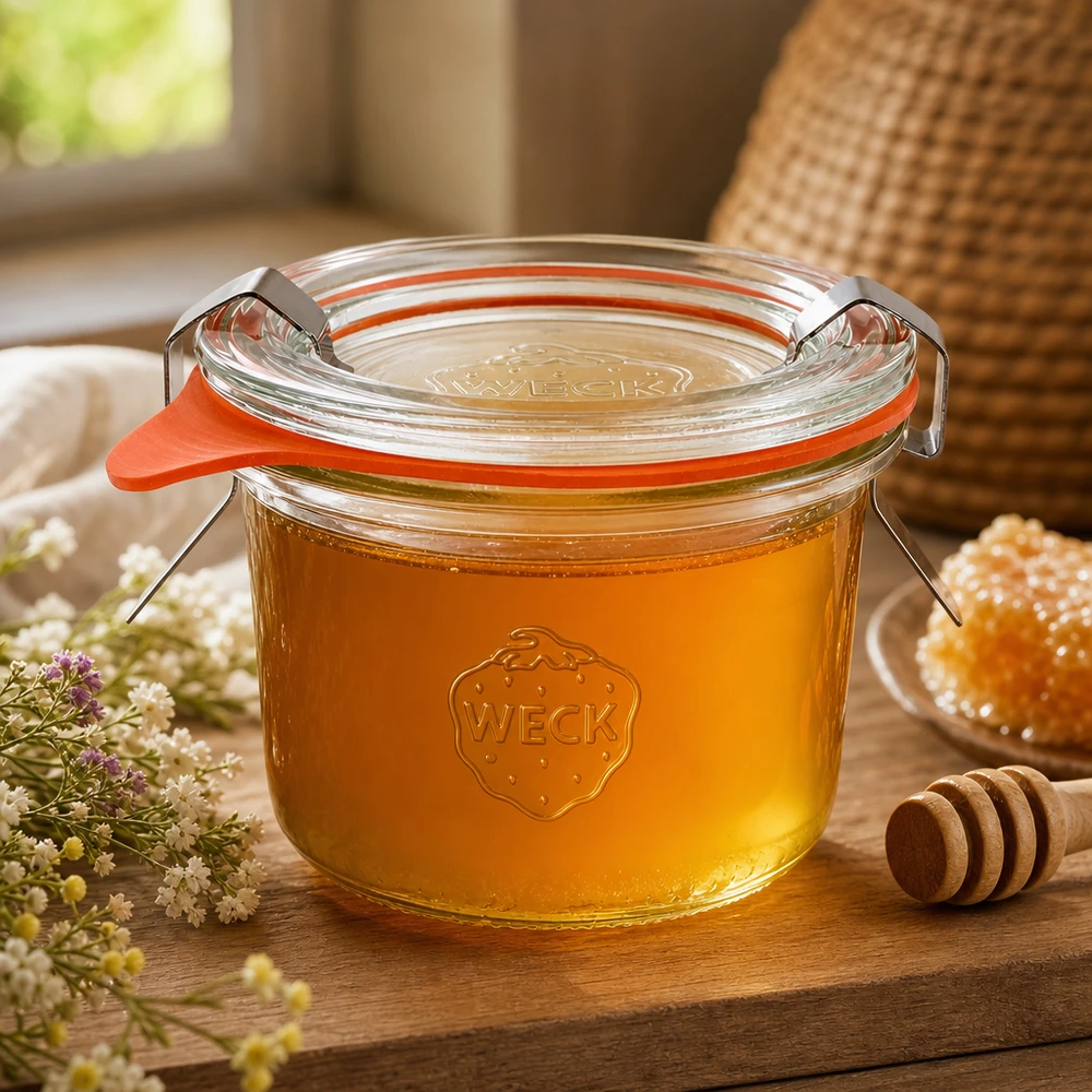 WECK Sturzglas 80ml RR60 mit Honig befüllt und Honiglöffel zeigt natürliche Lagerung von flüssigen Produkten