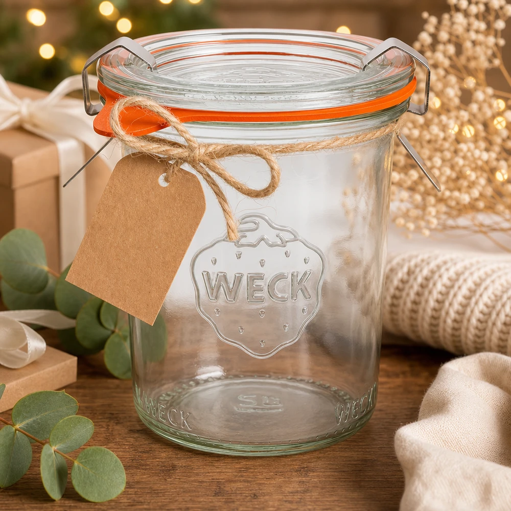 160ml Sturzglas komplett WECK RR60 WECK Sturzglas 160ml RR60 als Geschenkidee weihnachtlich dekoriert mit Kraftpapier-Anhänger und Juteband