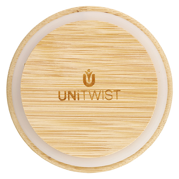 370ml Tulpenglas WECK RR80 mit Holzdeckel Bambusdeckel RR80 von oben mit UNITWIST Logo und sichtbarer Holzmaserung für WECK Einmachgläser 80mm Durchmesser