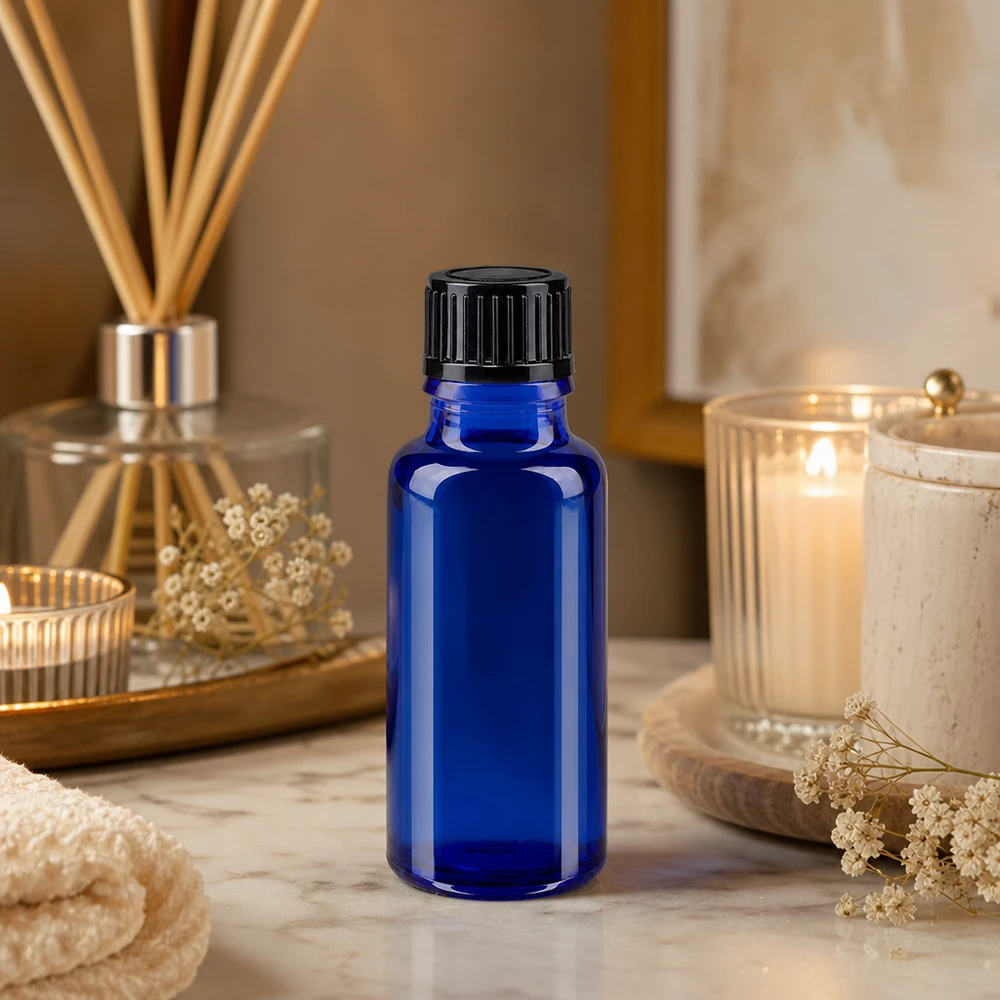 Zylindrische blaue Apothekerflasche 20ml schwarzer Deckel für ätherische Öle geeignet