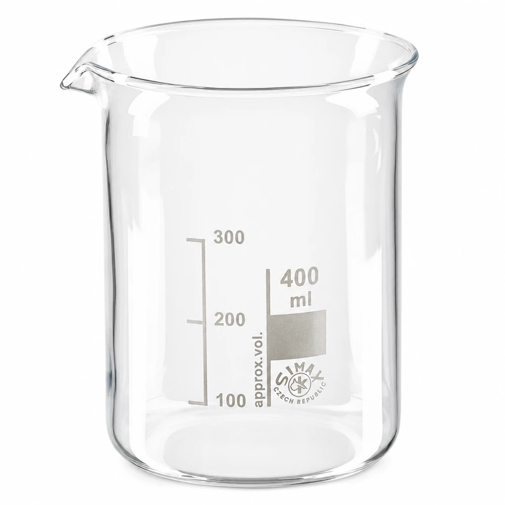 Professionelles 400ml Becherglas niedrige Bauform aus klarem Borosilikatglas mit Skala