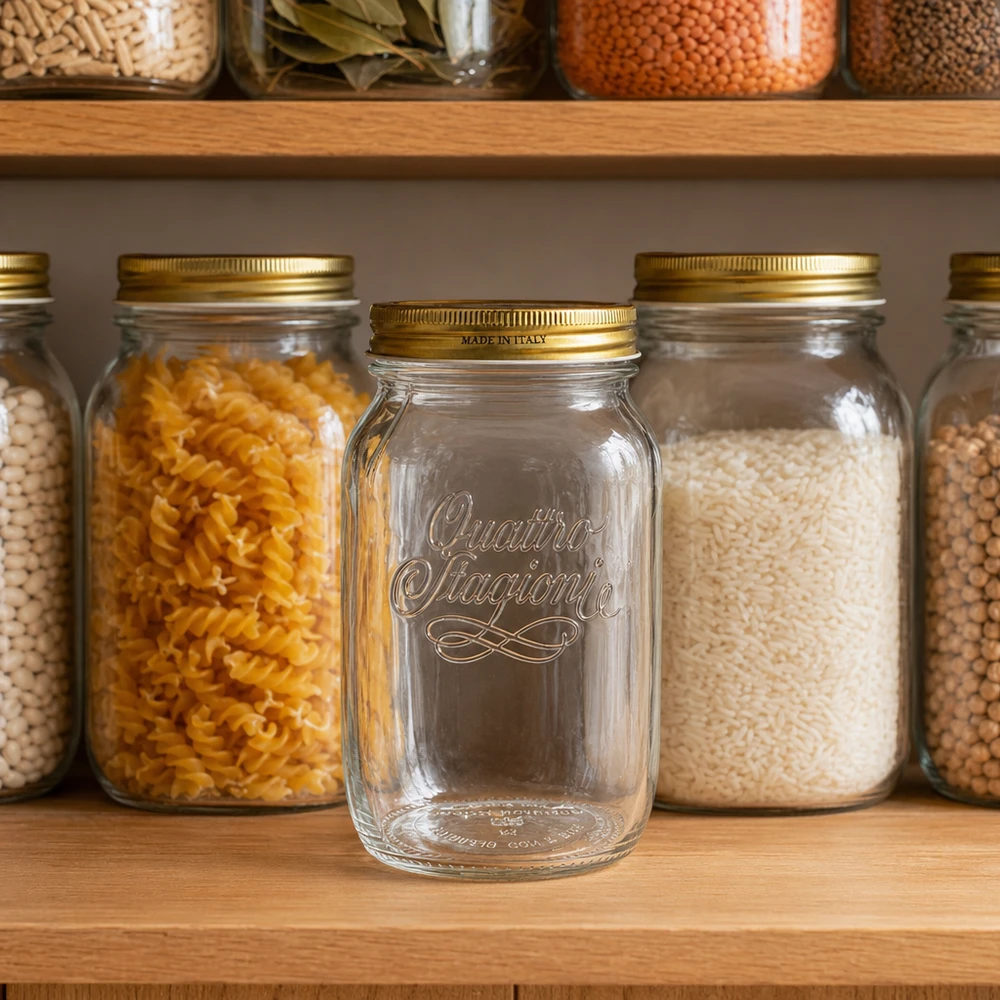 1000ml Rundglas "Quattro Stagioni" mit Deckel 1000ml Quattro Stagioni Einmachglas in Küchenpantry zwischen gefüllten Vorratsgläsern Pasta Reis Hülsenfrüchte Aufbewahr