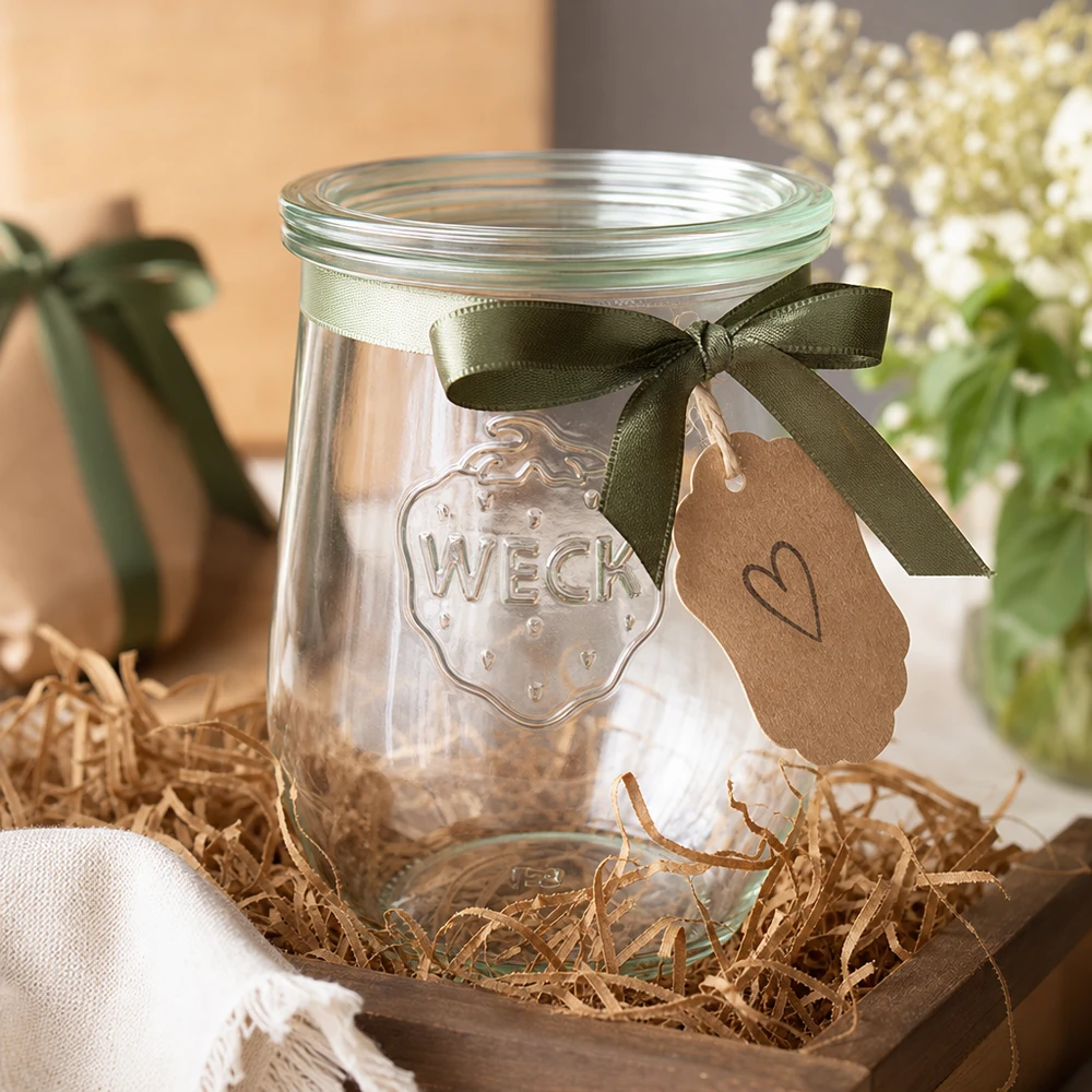 1062ml Tulpenglas mit Glasdeckel WECK RR100 WECK Tulpenglas 1062ml RR100 Glasdeckel Geschenkverpackung grüne Schleife Anhänger Bastmaterial Dekoration