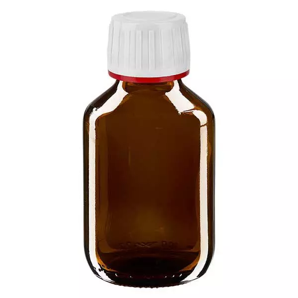 100ml Medizinflasche braun, Verschluss weiß mit Originalitätsring rot ApoGlas 100ml Medizinflasche braun, Verschluss weiß mit Originalitätsring rot ApoGlas