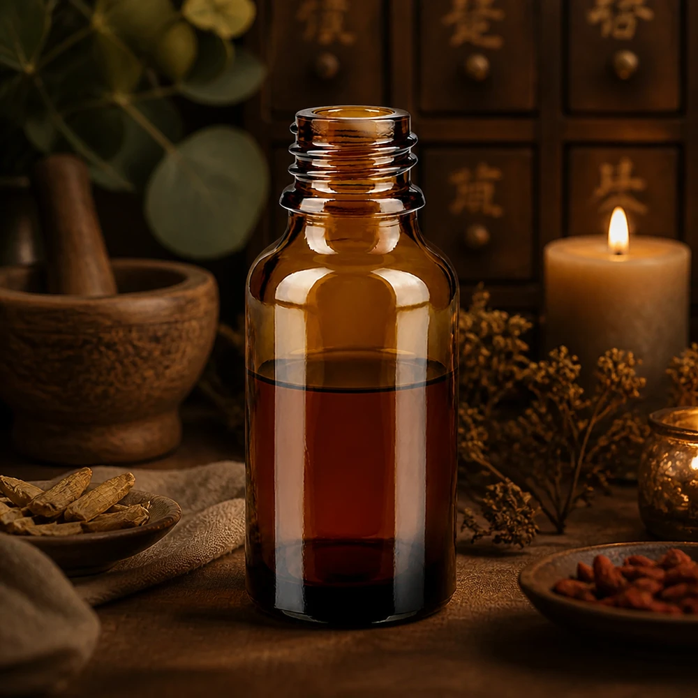30ml braune Apothekenflasche ApoGlas mit roter Tinktur in rustikaler Kräuterapotheke mit Mörser und Gewürzen