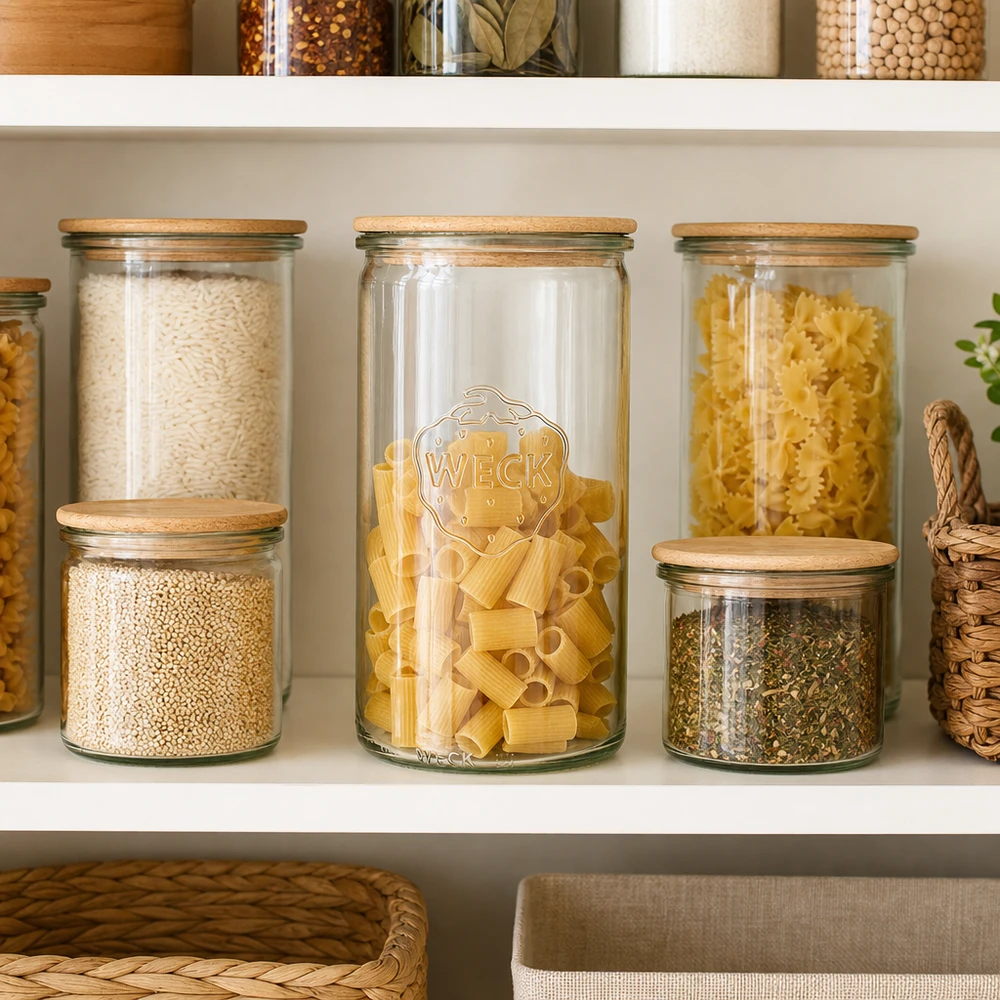 WECK Zylinderglas 1590ml RR100 mit Holzdeckel als Küchenorganisation für Pasta Reis Gewürze im Vorratsschrank