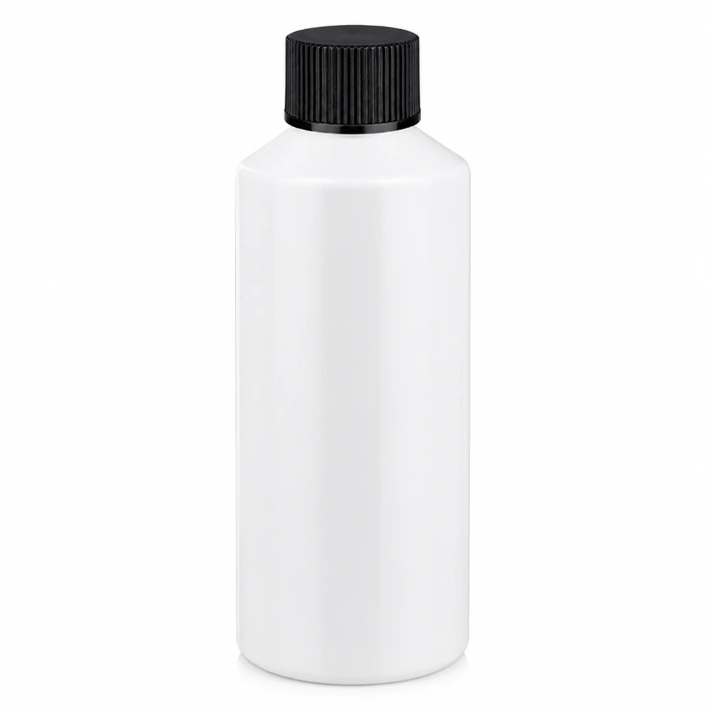 Apothekenflasche HDPE 100ml weiß, mit schwarz Schraubverschluss Leichte HDPE Flasche 100ml in Weiß mit schwarzem geripptem Schraubverschluss säurefest
