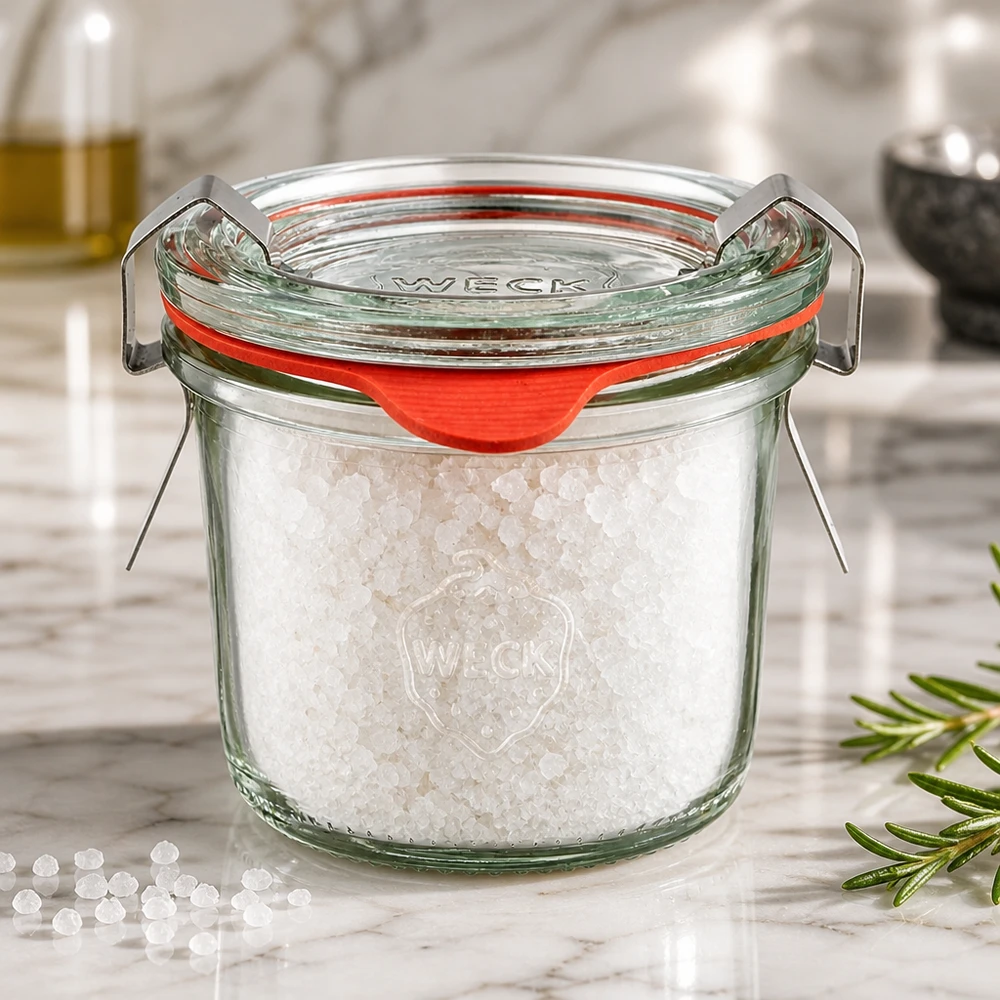 Kompaktes WECK Glas 80ml mit geprägtem Markenlogo gefüllt mit grobkörnigem Meersalz