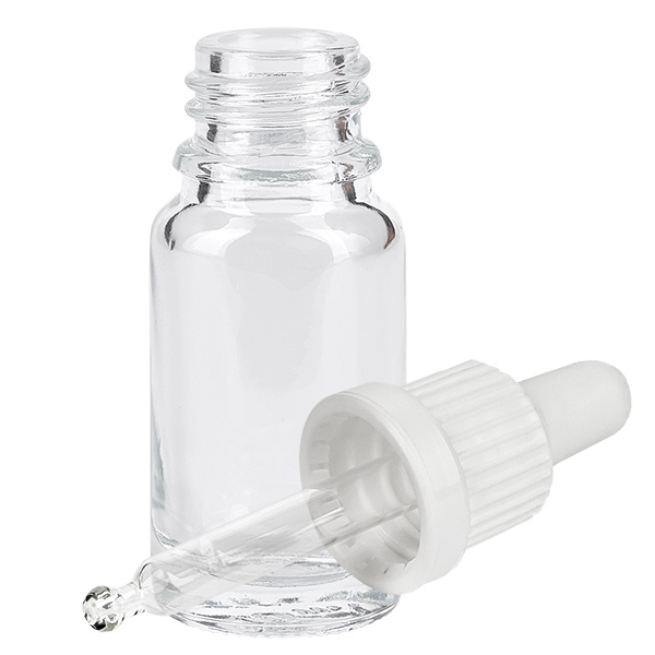 10ml Pipettenflasche weiß Originalitätsverschluss ClearLine UT18/10 Kompakte Klarglasflasche 10ml mit weißem Pipettensystem für Öle und Seren ClearLine