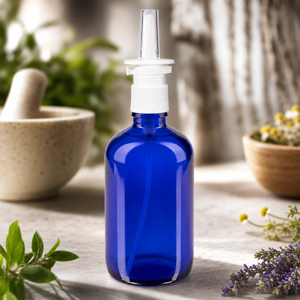 Apothekenflasche blau 100ml Nasenzerstäuber weiß Standard Hochwertige 100ml blaue Glasnasensprayflasche mit weißem Dosierkopf in natürlichem Kräuterambiente