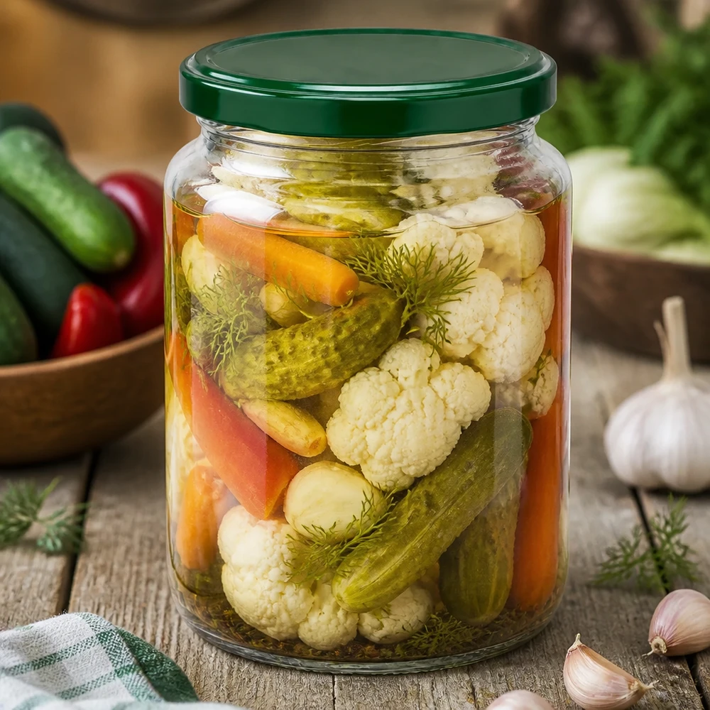 UNiTWIST Rundglas 795ml mit eingelegtem Mischgemüse und Dill - grüner BasicSeal Deckel für Einmachen und Fermentieren