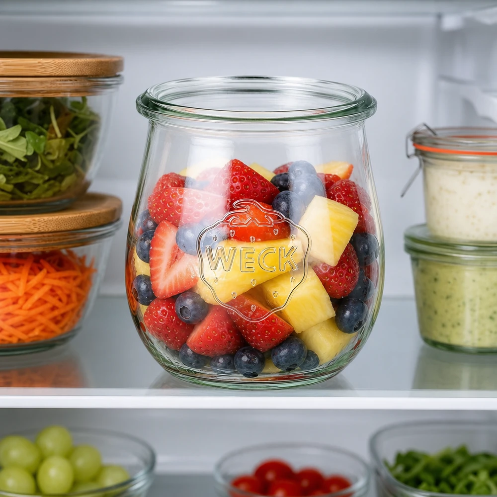 220ml Tulpenglas WECK RR60 WECK Tulpenglas 220ml RR60 im Kühlschrank mit Obstsalat aus Erdbeeren Blaubeeren Ananas als Meal Prep Container