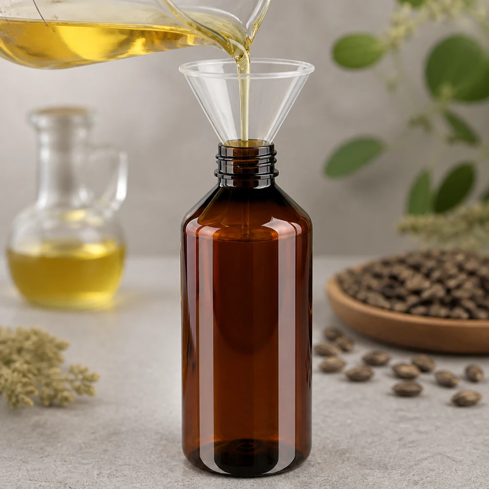 Ölflasche 1000ml aus braunem PET mit Samenkörnern und Kräutern im Hintergrund